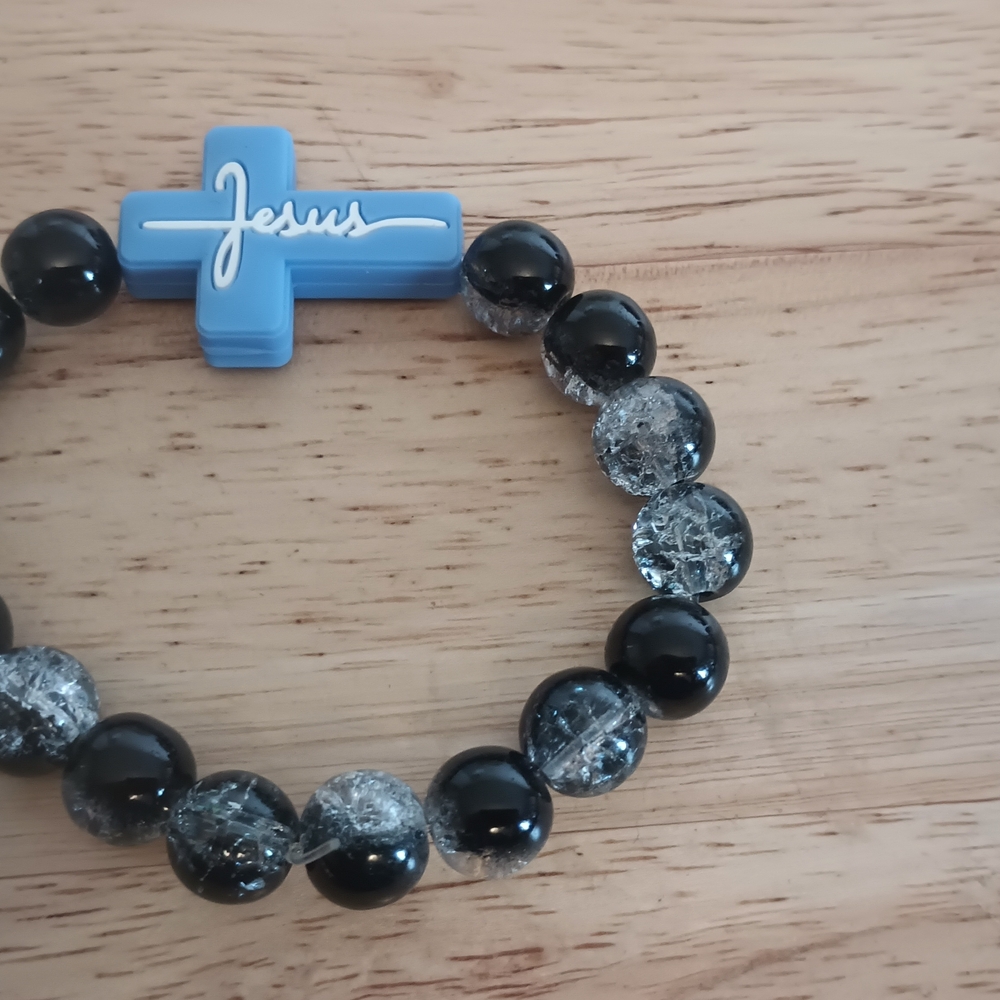 Black and Clear Beaded Bracelete With Cross White And Blue